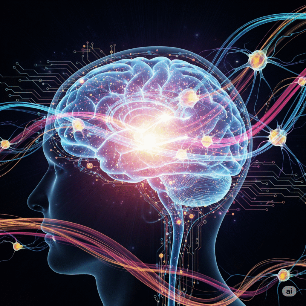 Digital illustration of a human brain rewiring itself through neuroplasticity, symbolizing mental health transformation.