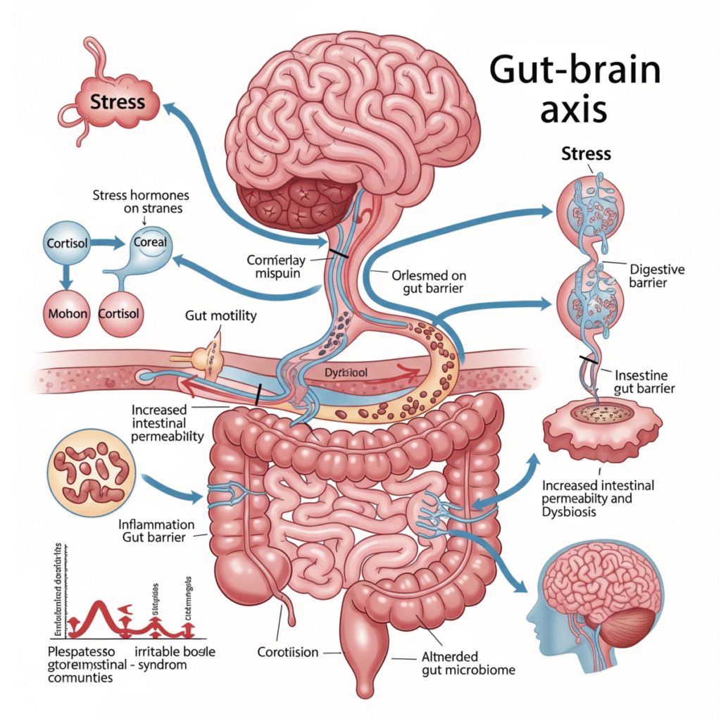 Gut-brain axis showing how stress affects digestive system and microbiome