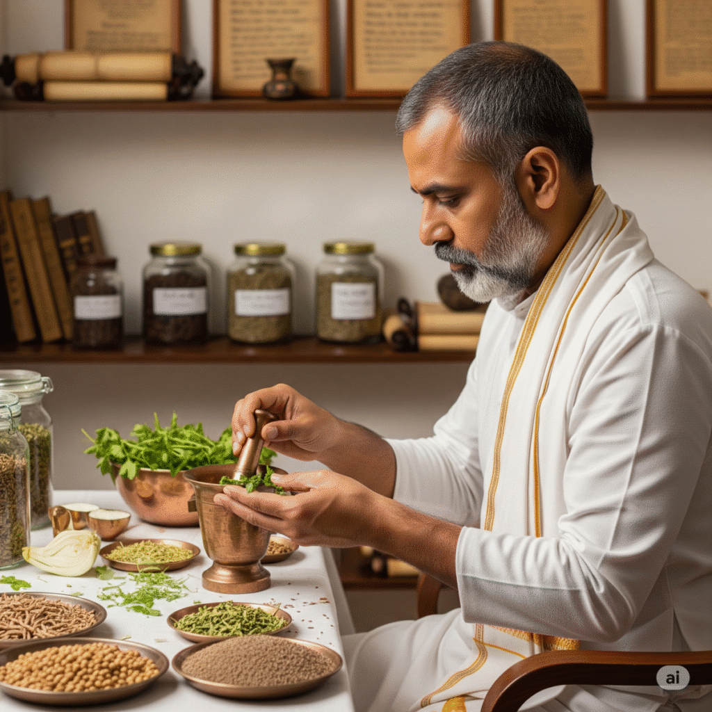 “A traditional Ayurvedic doctor preparing gut-friendly medicine using fresh herbs like fennel, triphala, and cumin seeds, with ancient scrolls in the background. Side angle, indoor clinic setting.”