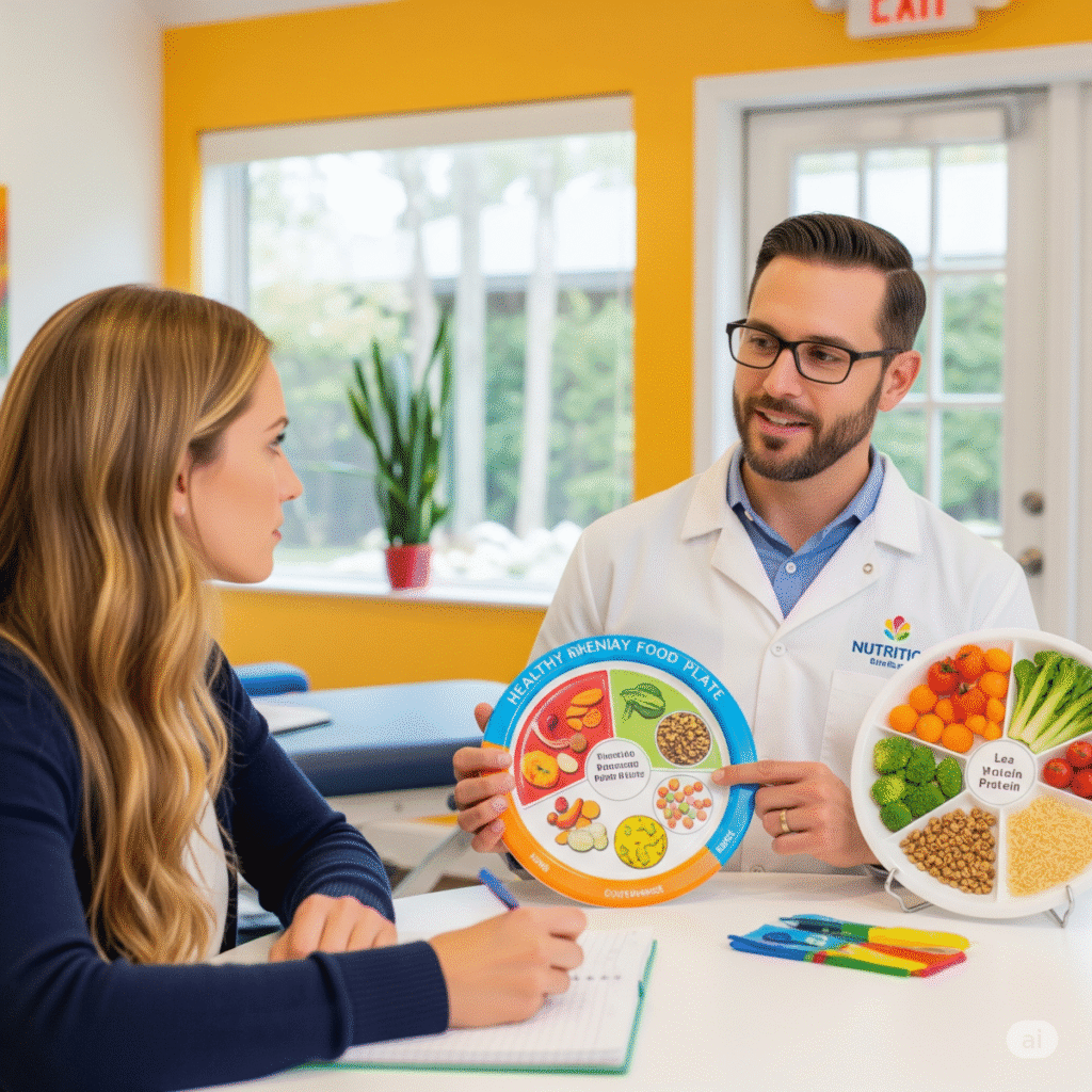 A nutritionist explaining healthy food plate to a client in a wellness center.