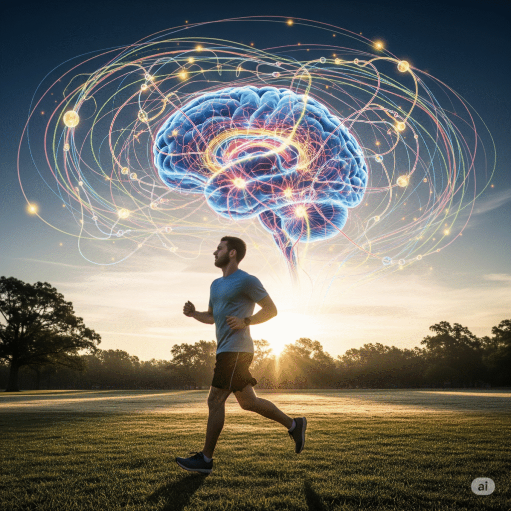 Person jogging with glowing brain connections above, symbolizing exercise boosting neuroplasticity