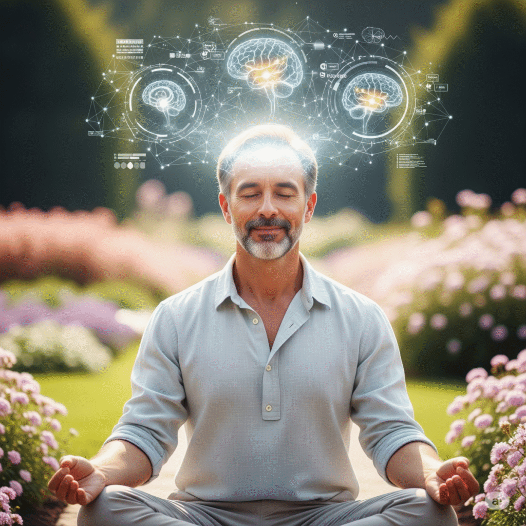 Meditating person with neural pathways forming above their head, showing mindfulness effect on brain.