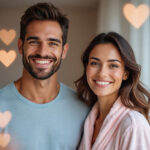 alt="Happy and confident couple embracing in a cozy bedroom, symbolizing natural stamina and intimate wellness"