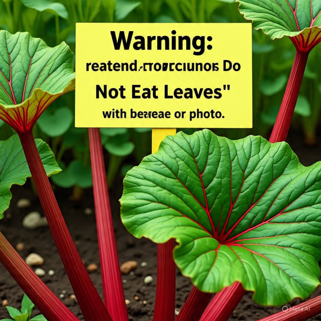 alt="Rhubarb plant showing stalks and toxic leaves"