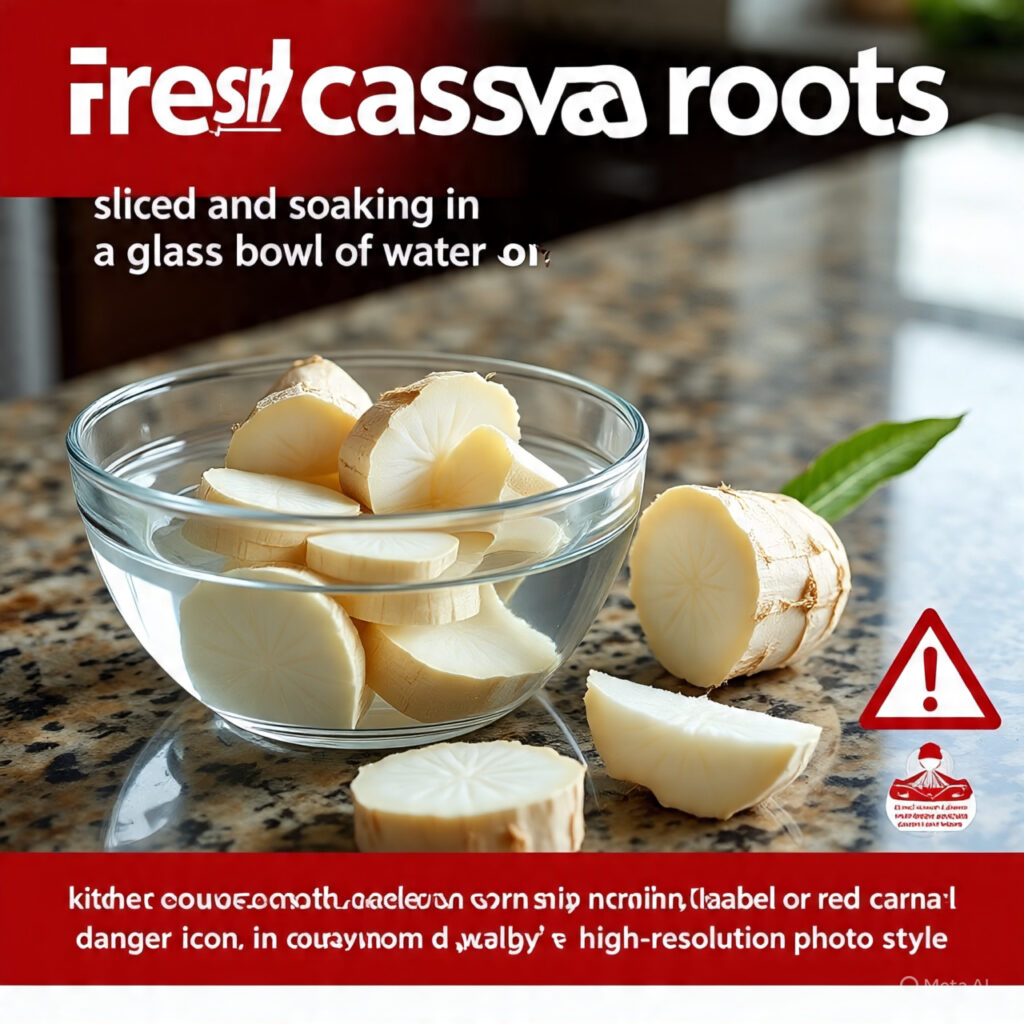 alt="Raw cassava root sliced and soaking in water"