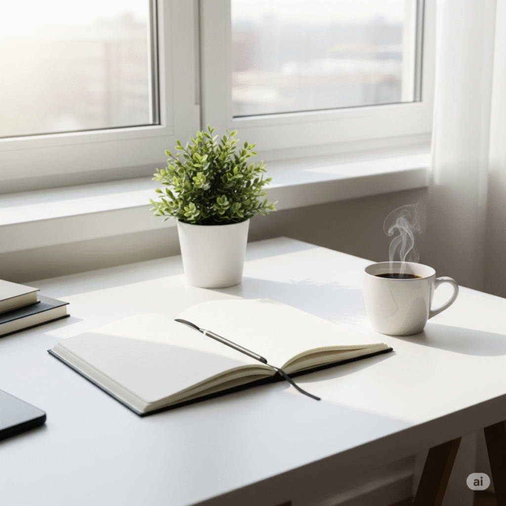 Minimalist workspace after dopamine detox for focus