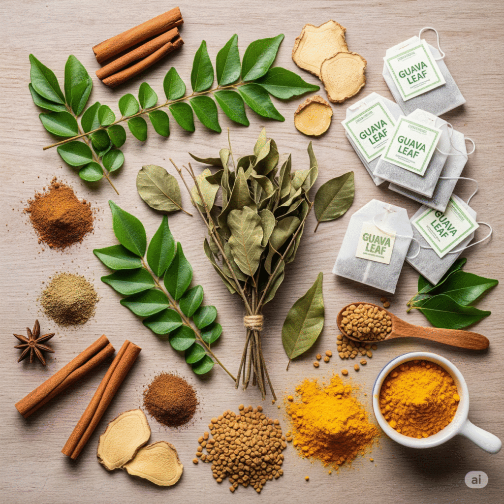 A collection of herbs and tea bags, including leaves for diabetes, arranged on a table.