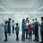 A group of people interacting with holographic data about their wellness, representing the community-focused future of AI in healt