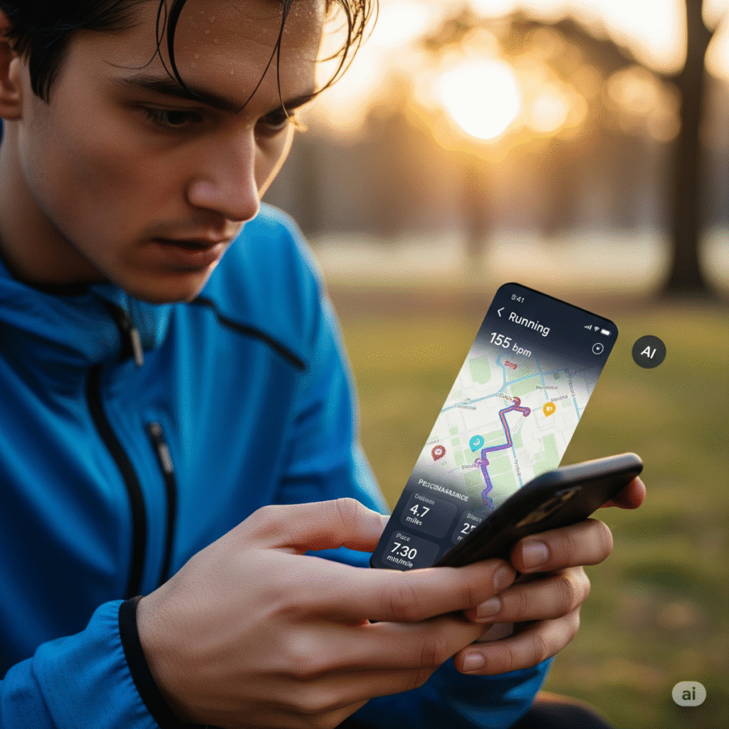 A person using a mobile fitness app powered by AI in health to track their run.