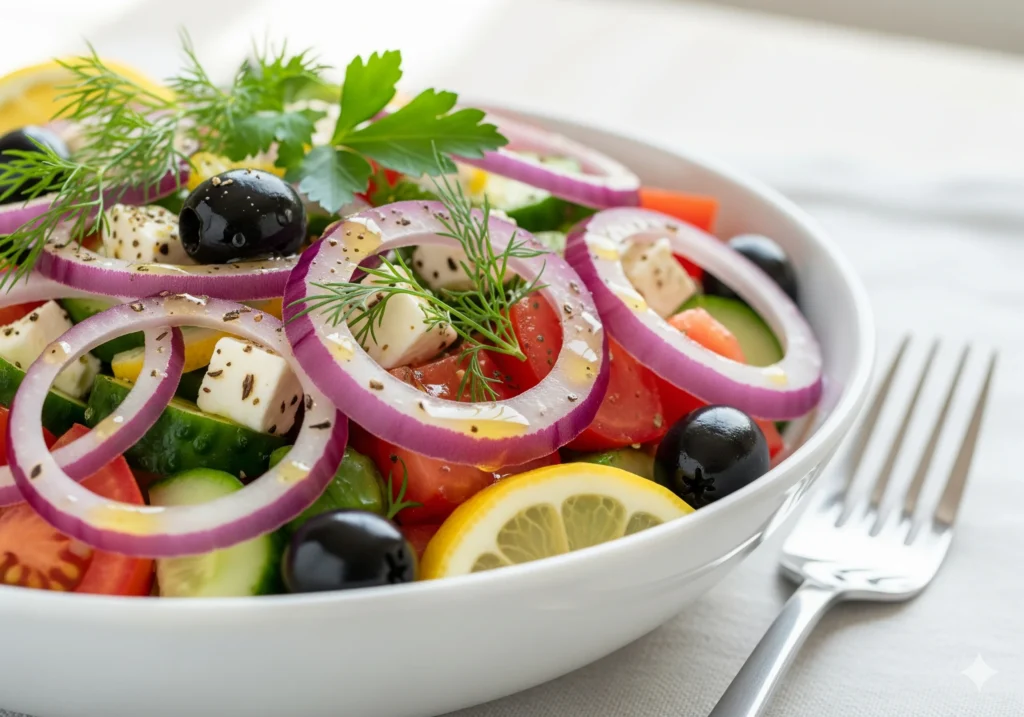Colorful salad with raw red onions, tomatoes, and feta, demonstrating the delicious benefits of eating raw onion for health.