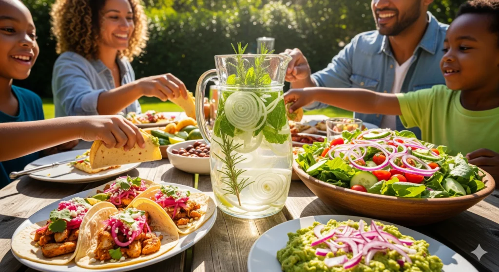 Family enjoying a healthy meal with raw onion dishes, highlighting the practical benefits of eating raw onion in everyday life.