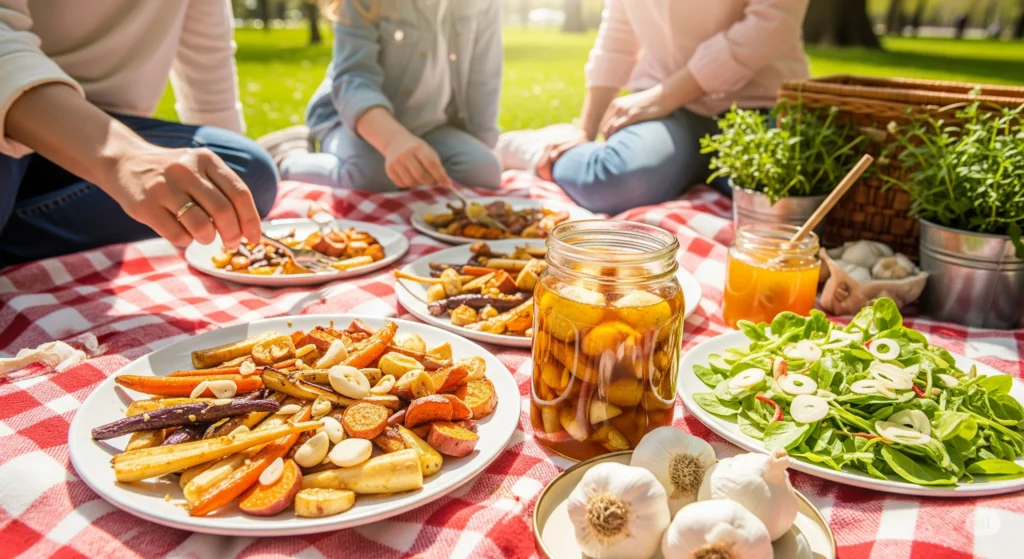 Family picnic with garlic honey dishes, showcasing garlic and honey benefits for a healthy, vibrant lifestyle.