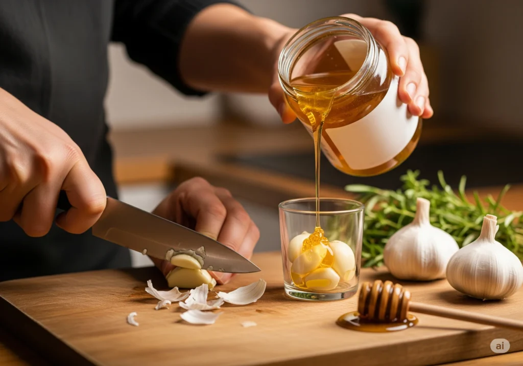Hands preparing garlic honey remedy, illustrating the process for garlic and honey benefits in natural health remedies.