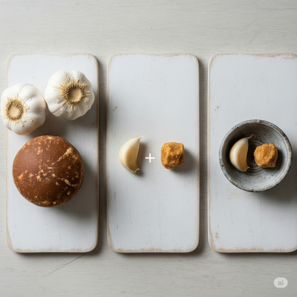 How to prepare your morning ritual: equal parts raw garlic and jaggery eaten together on an empty stomach for optimal health benefits.