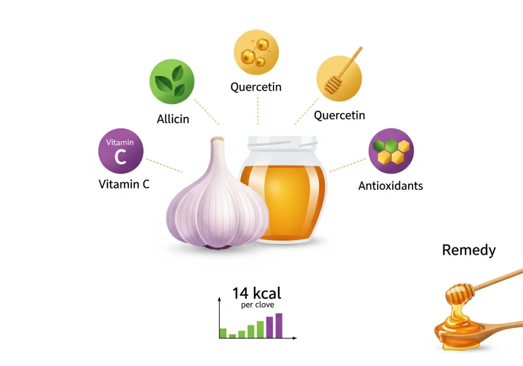 Infographic of garlic and honey nutrition, highlighting allicin and antioxidants for garlic and honey benefits in wellness.