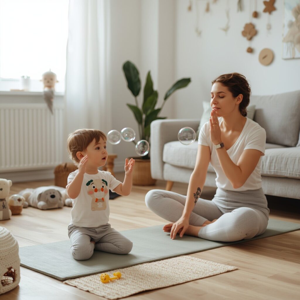 Parent and child practicing vagus nerve stimulation techniques like breathing and yoga for emotional regulation