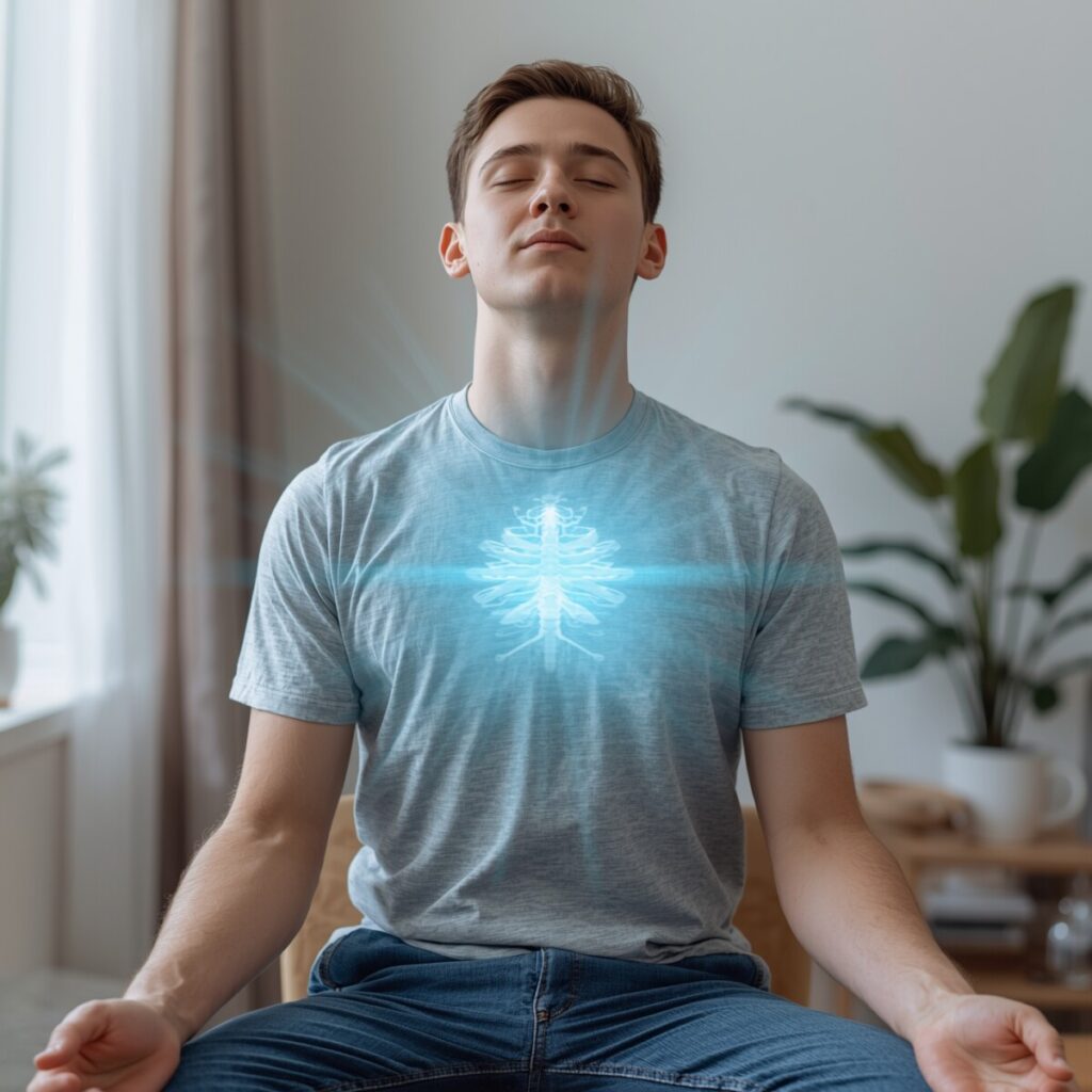 Man practicing vagus nerve breathing exercise for anxiety relief and parasympathetic activation