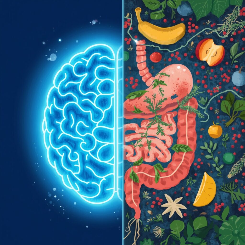 Illustration showing vagus nerve connection between brain and gut for improved digestive health