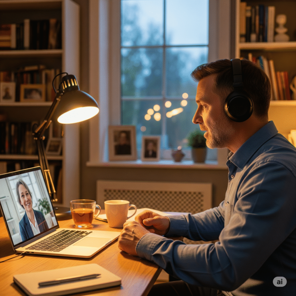 Mental Health & Stress Management Trends – telehealth therapy session at home.