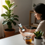Mental Health & Stress Management Trends – woman using mindfulness app with herbal tea and plants.