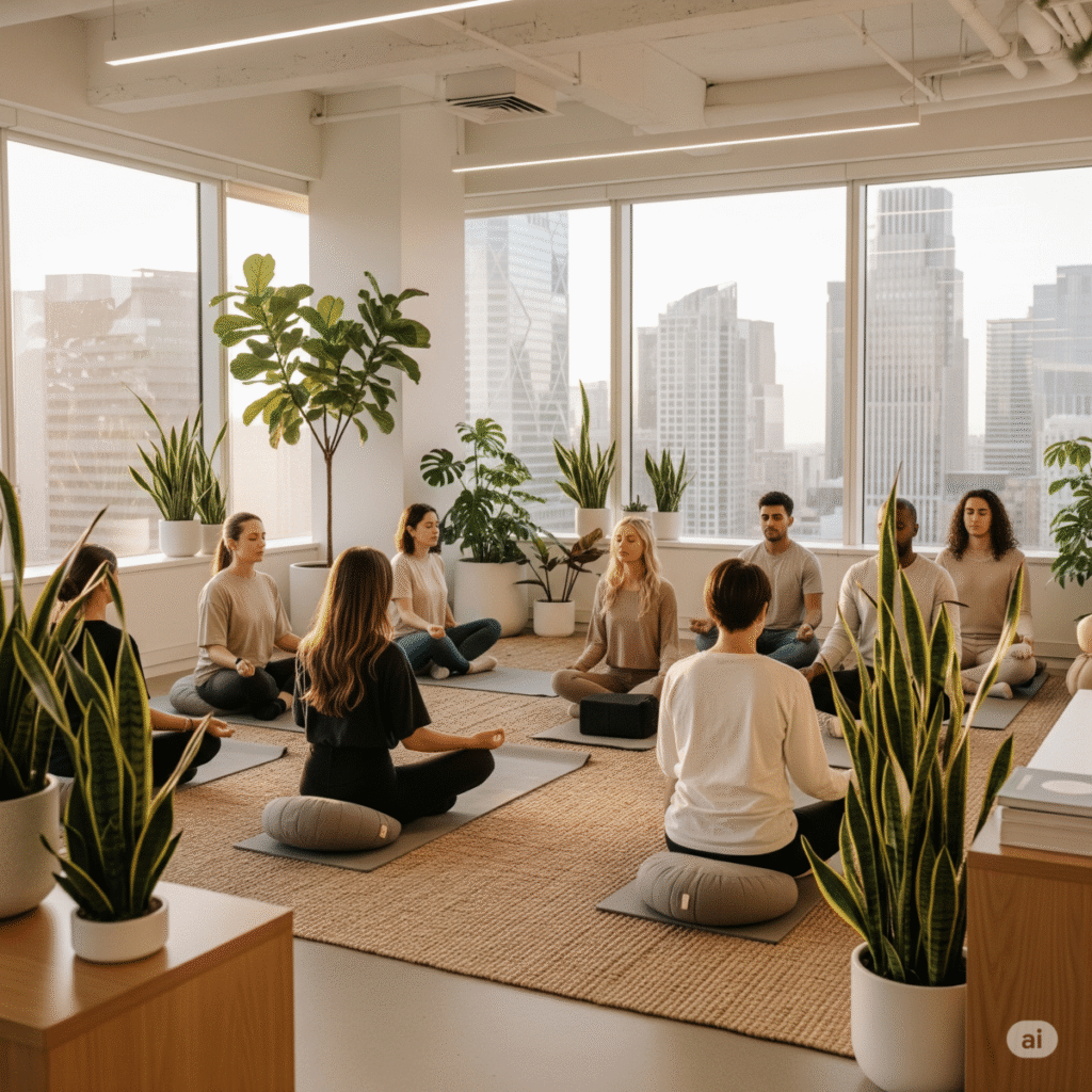 Mental Health & Stress Management Trends – workplace wellness meditation session.