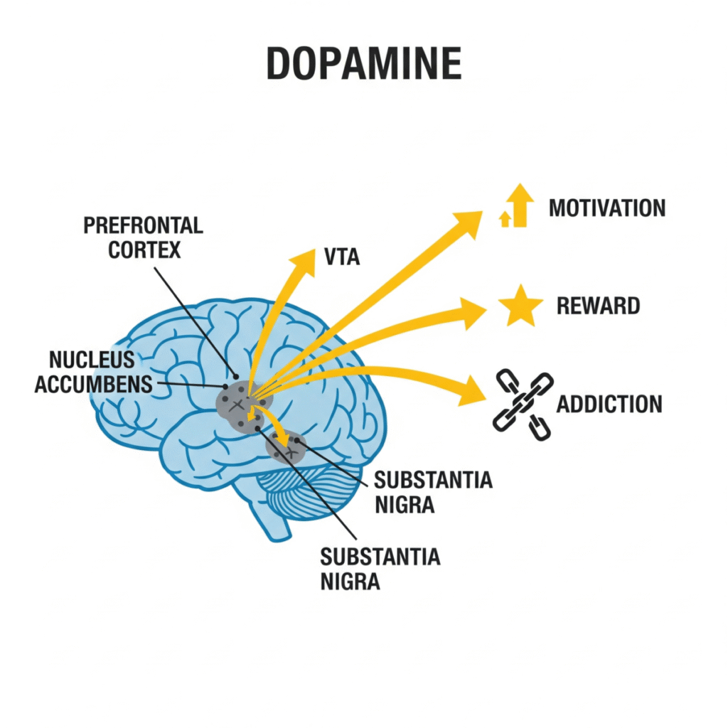 Scientific brain diagram explaining dopamine function in dopamine detox