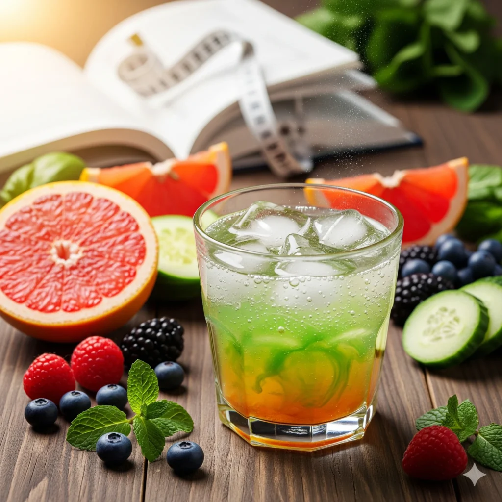 Weight loss drink that works with lemon, apple cider vinegar, and ginger on wooden table