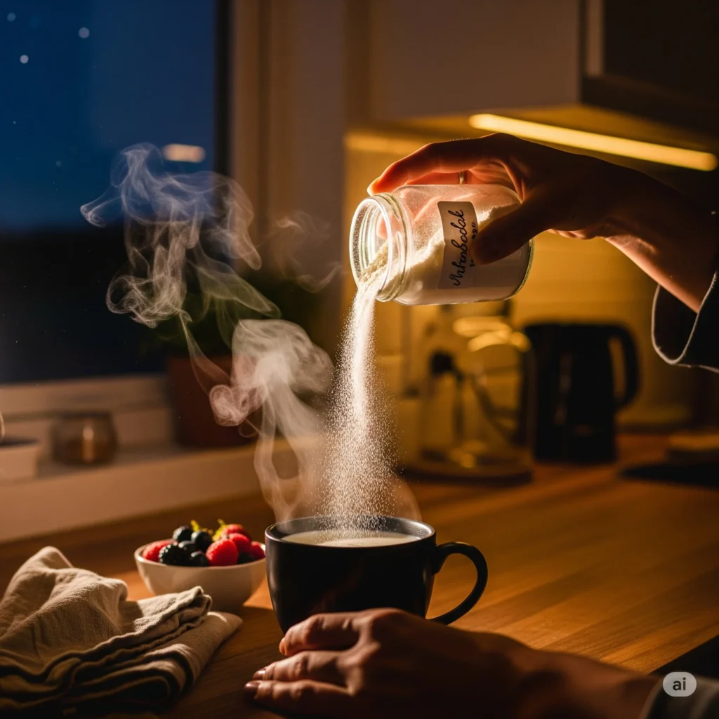 Adding homemade milk powder to warm milk for better sleep and immunity.