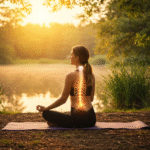 Woman practicing natural vagus nerve stimulation breathing exercises in a peaceful outdoor setting for stress relief and improved vagal tone