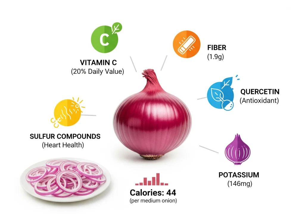 nfographic of raw onion nutrition facts, highlighting vitamin C and quercetin for the benefits of eating raw onion in a healthy diet.