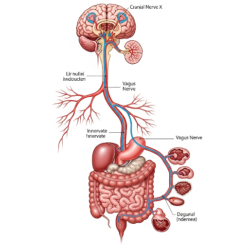 "anatomical diagram showing vagus nerve pathway from brain to digestive organs"