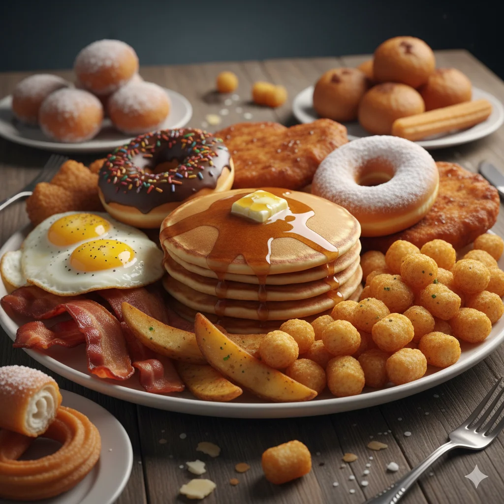 A plate of donuts, fried snacks, and oily breakfast items.