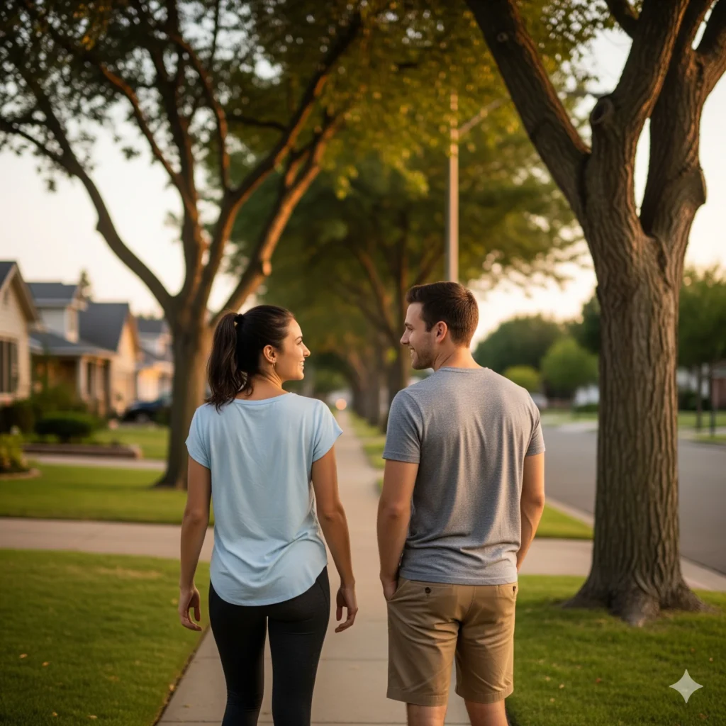 Couple taking digestive walk after meals for better gut health and digestion