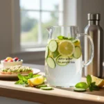Detox water for weight loss – refreshing lemon cucumber mint infused water in a glass pitcher on a sunny kitchen counter