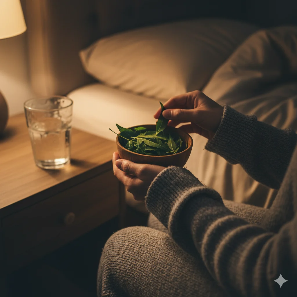 Eat neem leaves at night – woman preparing neem leaves for gut detox before bed as part of a healthy nighttime routine