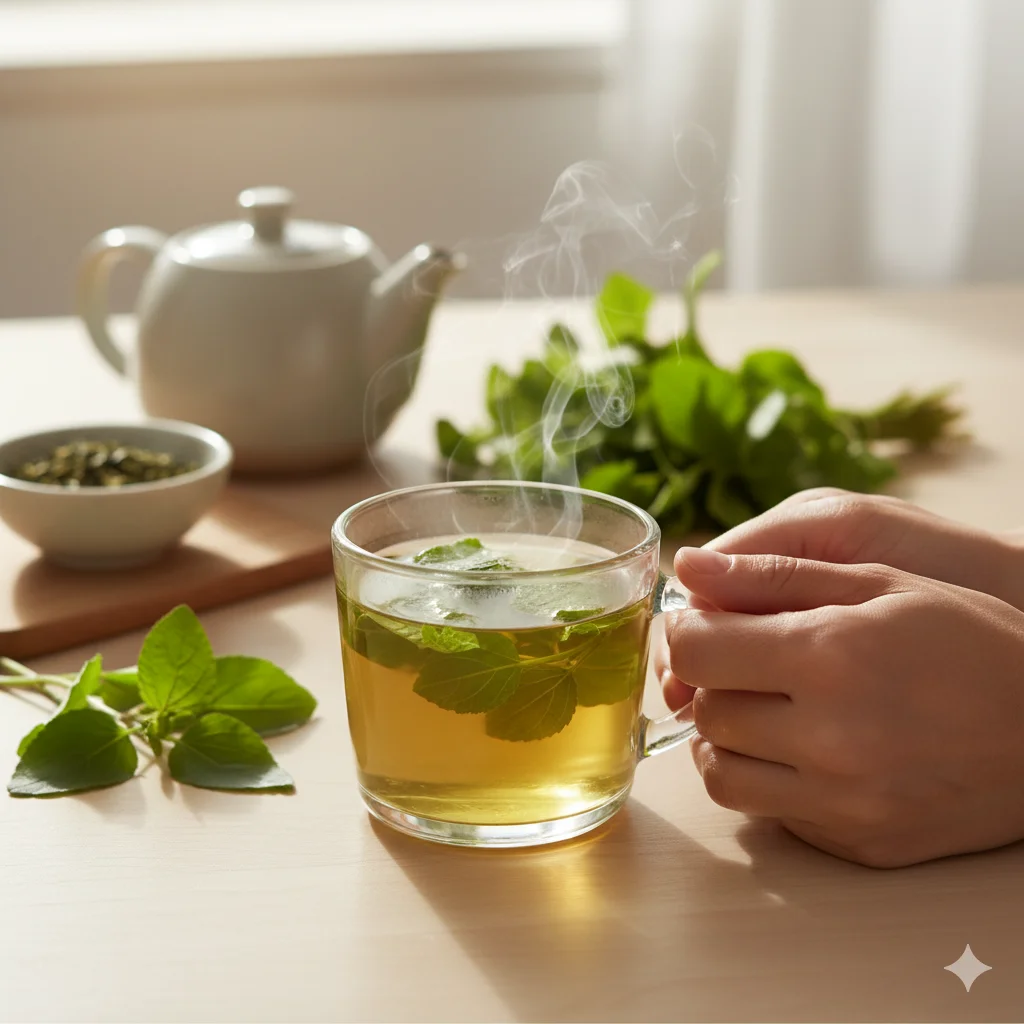 Green tea and Brahmi herb home remedies for memory and focus - natural cognitive enhancement drinks for better concentration