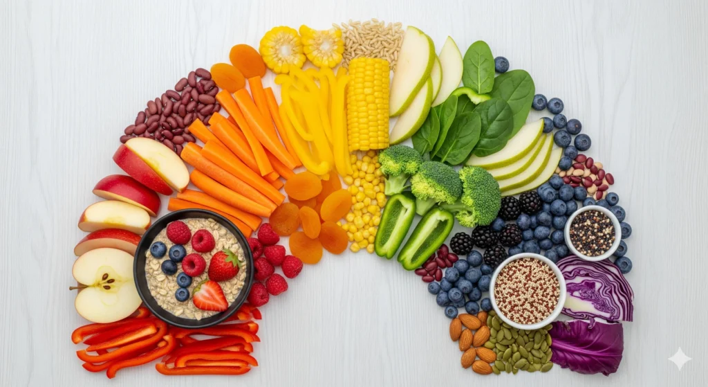 High fiber foods for digestive health including oats vegetables beans fruits gut wellness