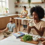 Home remedies for memory and focus - Americans using natural brain boosters including green tea, meditation, and omega-3 foods in modern kitchen setting