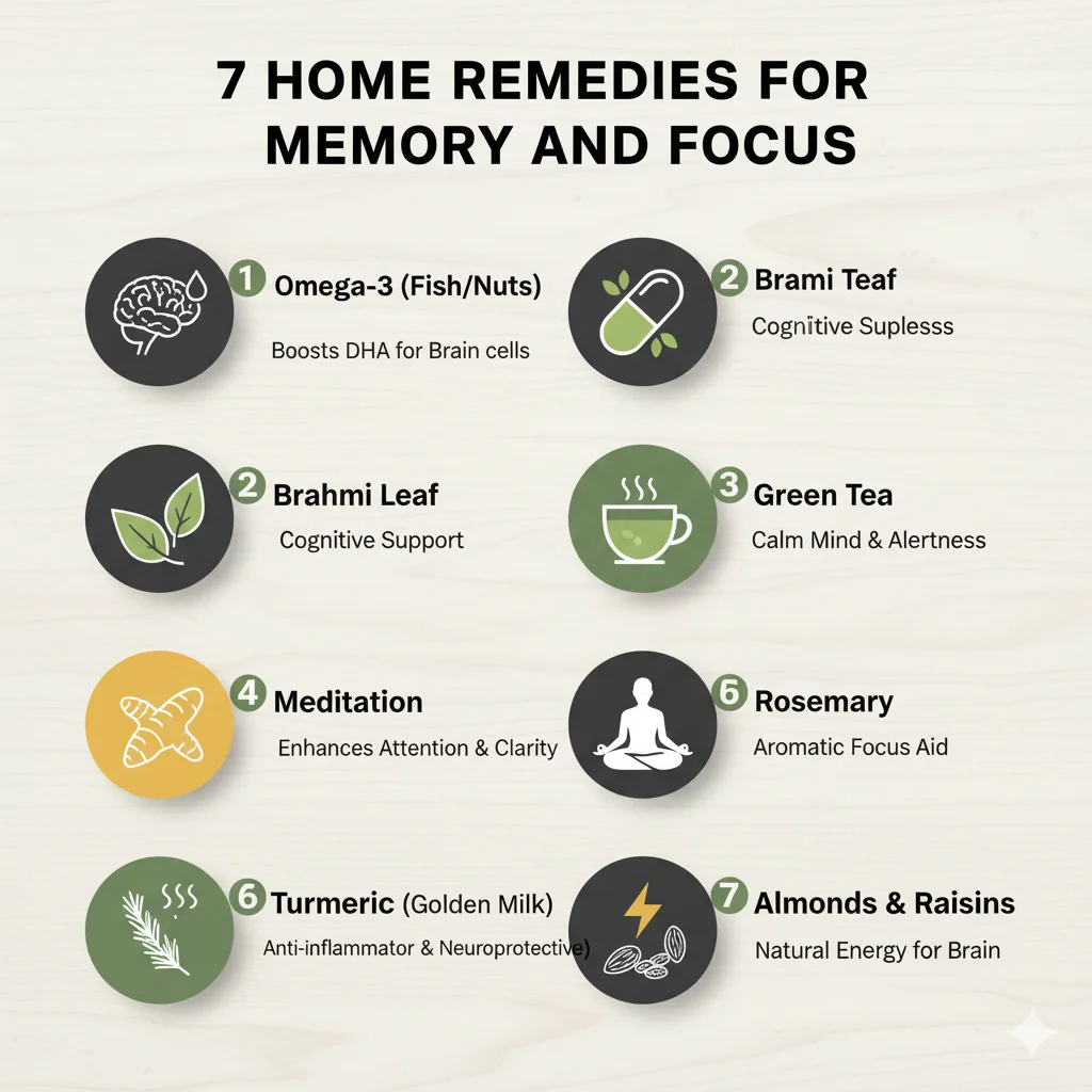 “Infographic summarizing 7 science-backed home remedies for memory and focus — easy natural solutions for stronger brain health and daily concentration