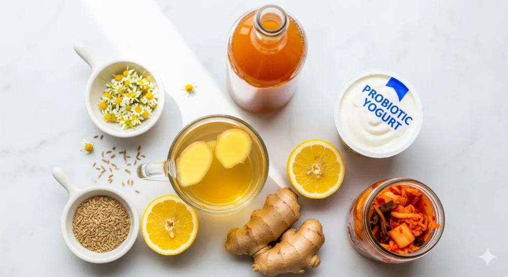 Natural home remedies for digestive health including ginger tea apple cider vinegar probiotics