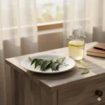 Neem leaves for gut detox – fresh green neem leaves on a plate with warm water, part of a natural nighttime digestive cleanse routine
