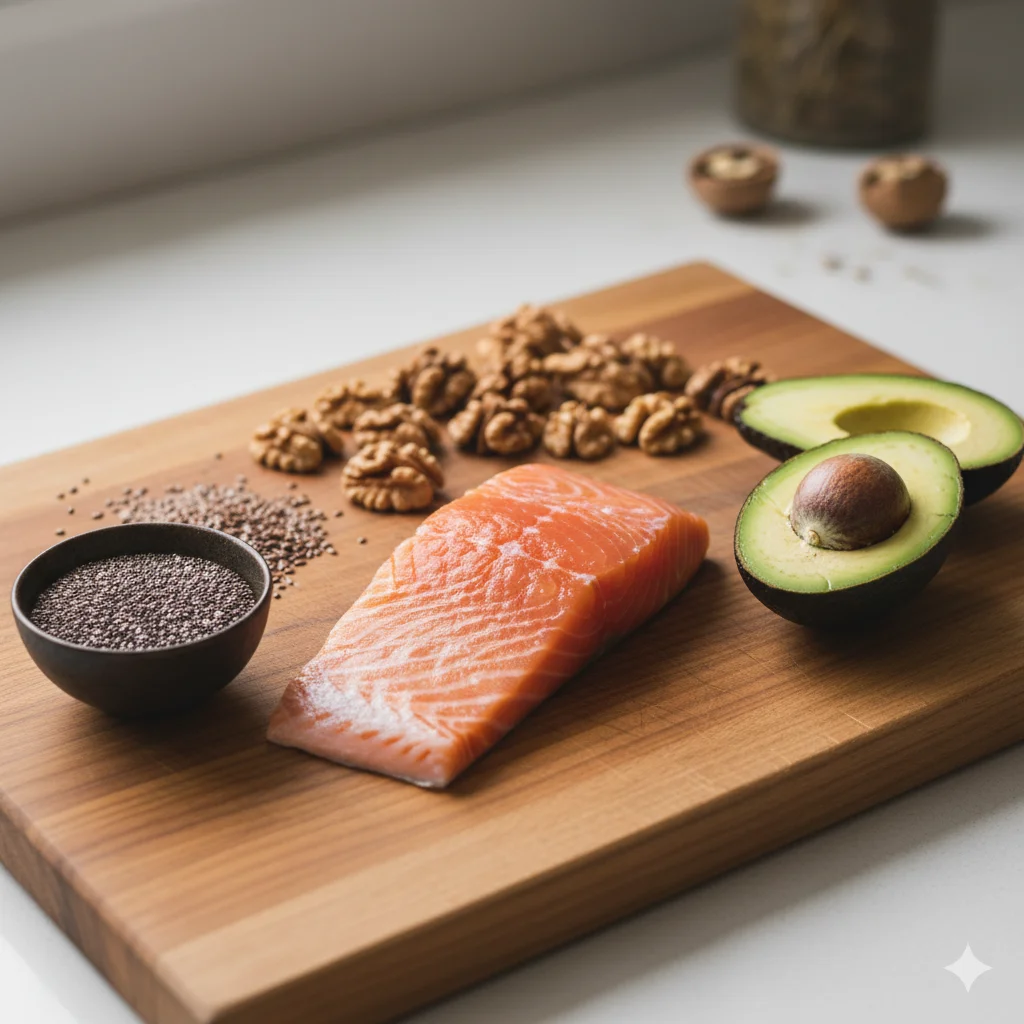 Omega-3 rich foods for memory and focus including salmon, walnuts, and chia seeds - natural home remedies for brain heal