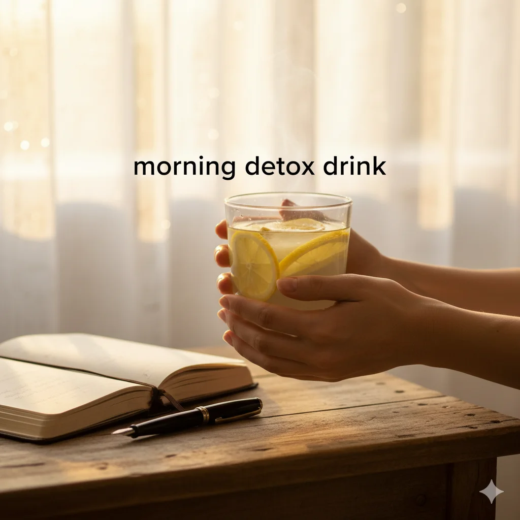 Morning detox drink – woman enjoying warm ginger lemon water at sunrise as part of a healthy morning routine