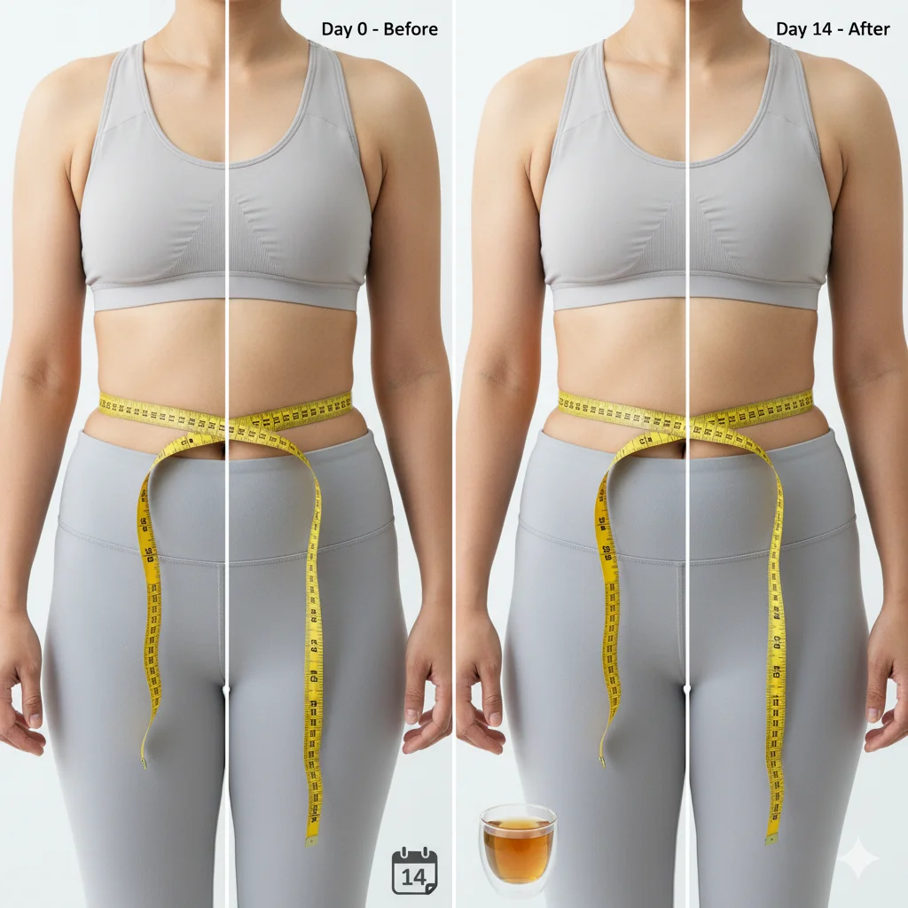 Before and after belly fat reduction results showing 4 inch waist loss after 2 weeks using night detox drink