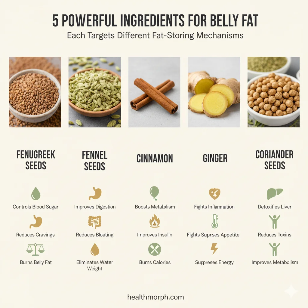 Infographic showing five night drink ingredients for belly fat with health benefits of fenugreek fennel cinnamon ginger coriander