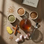 Night drink for belly fat with fenugreek seeds, fennel seeds, cinnamon, ginger and coriander seeds arranged on wooden table with measuring tape