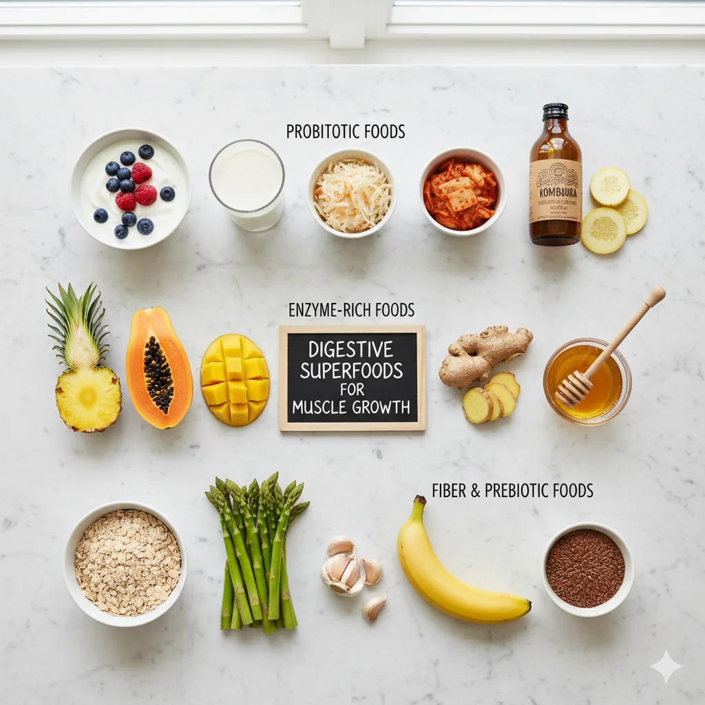 probiotic and enzyme rich foods to fix muscles not growing despite gym and diet problem