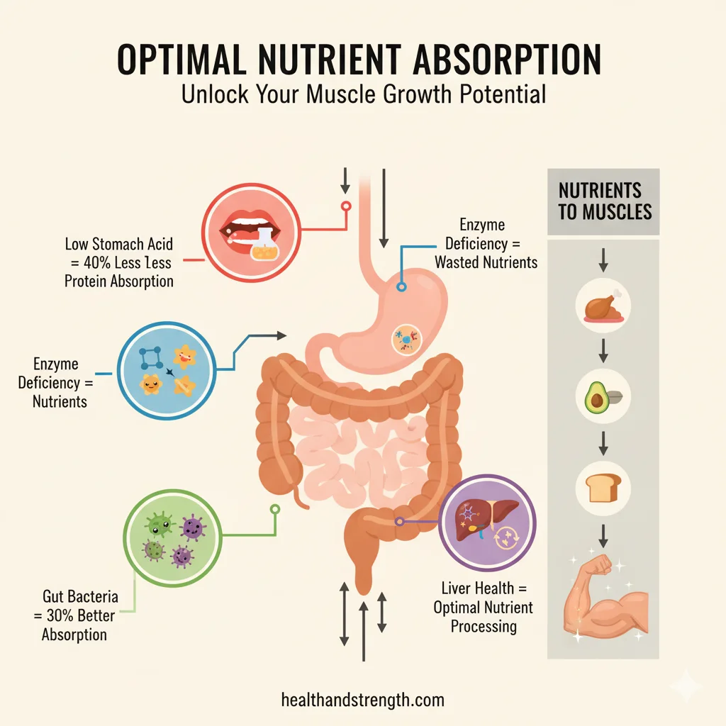 why muscles not growing despite gym and diet - digestive system and nutrient absorption infographic
