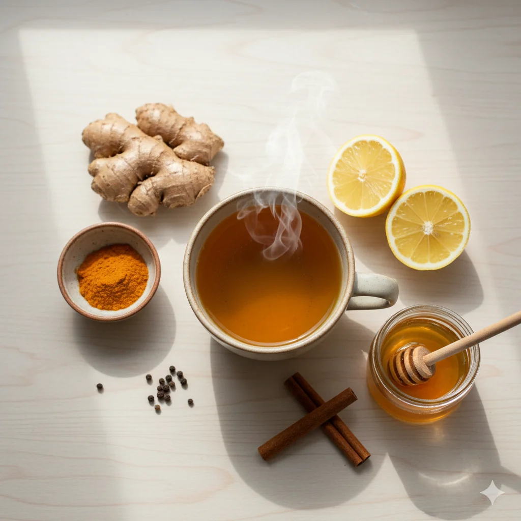 Natural lung detox methods featuring a homemade herbal lung cleansing drink with ginger, turmeric, lemon, and honey