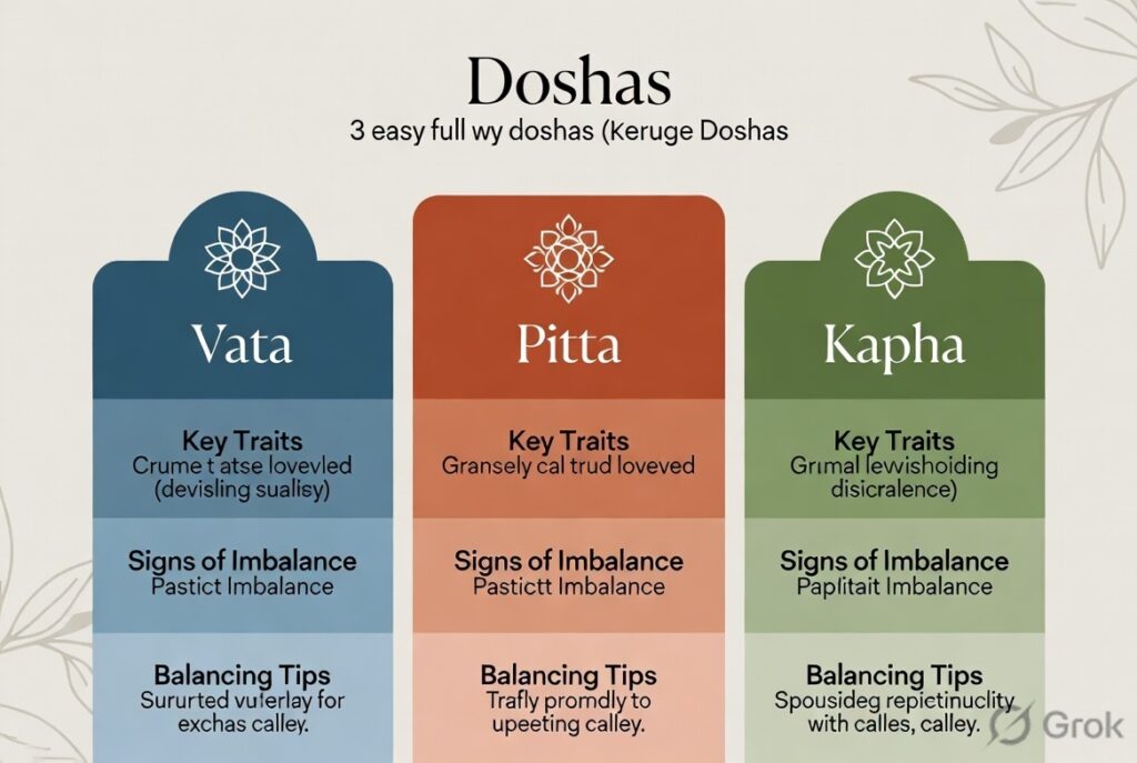 Vata Pitta Kapha traits, signs of imbalance and how to balance each dosha